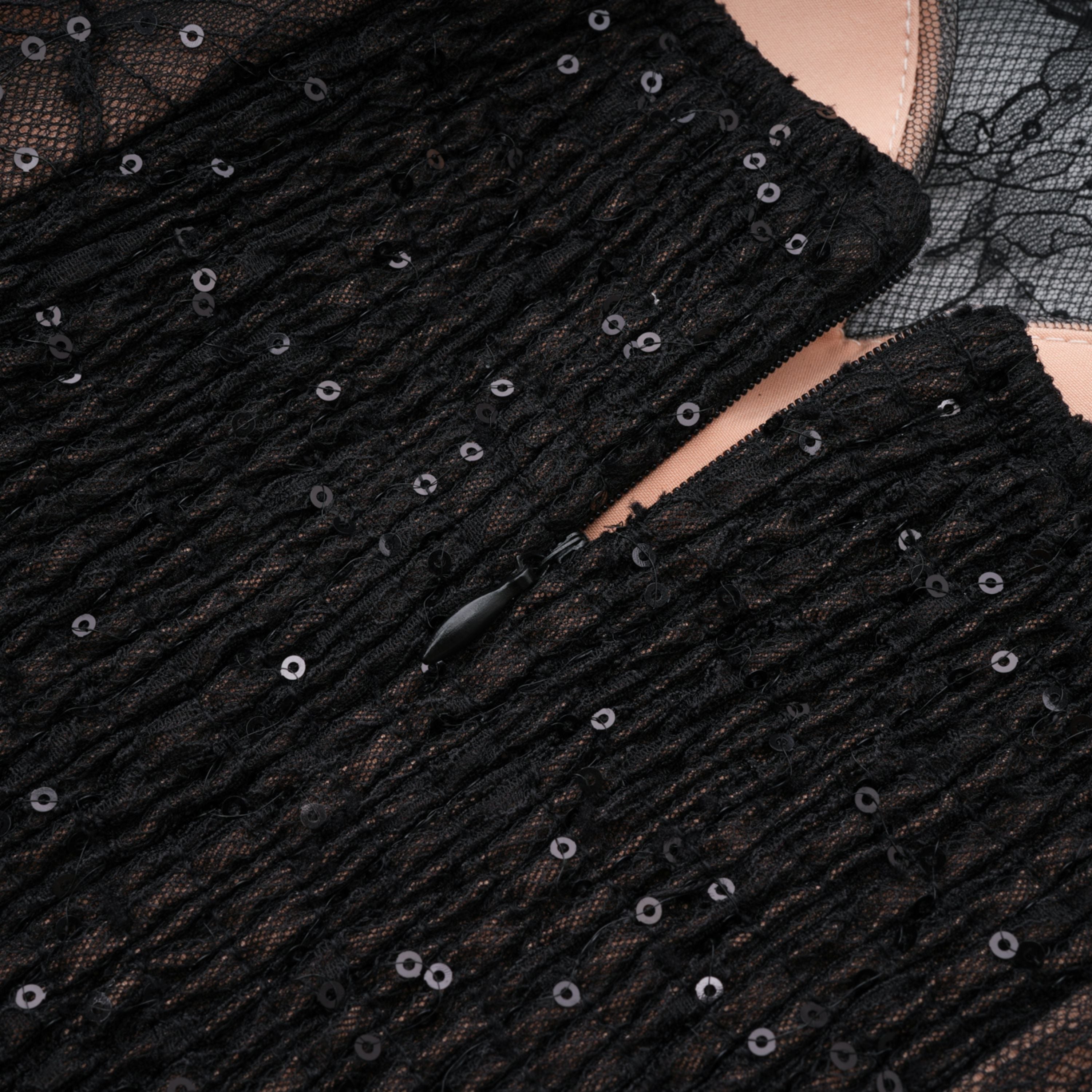 Flowering Girl Women Black Sheer Lace High Neck Long Sleeve Tulle Mini Dress