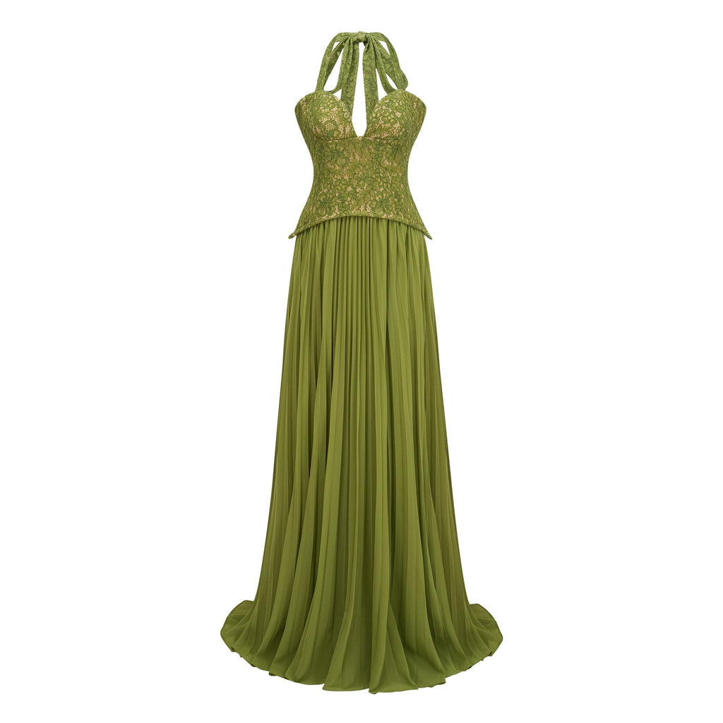 Penny Emerald Lace Fishbone Pleated Corset Gown