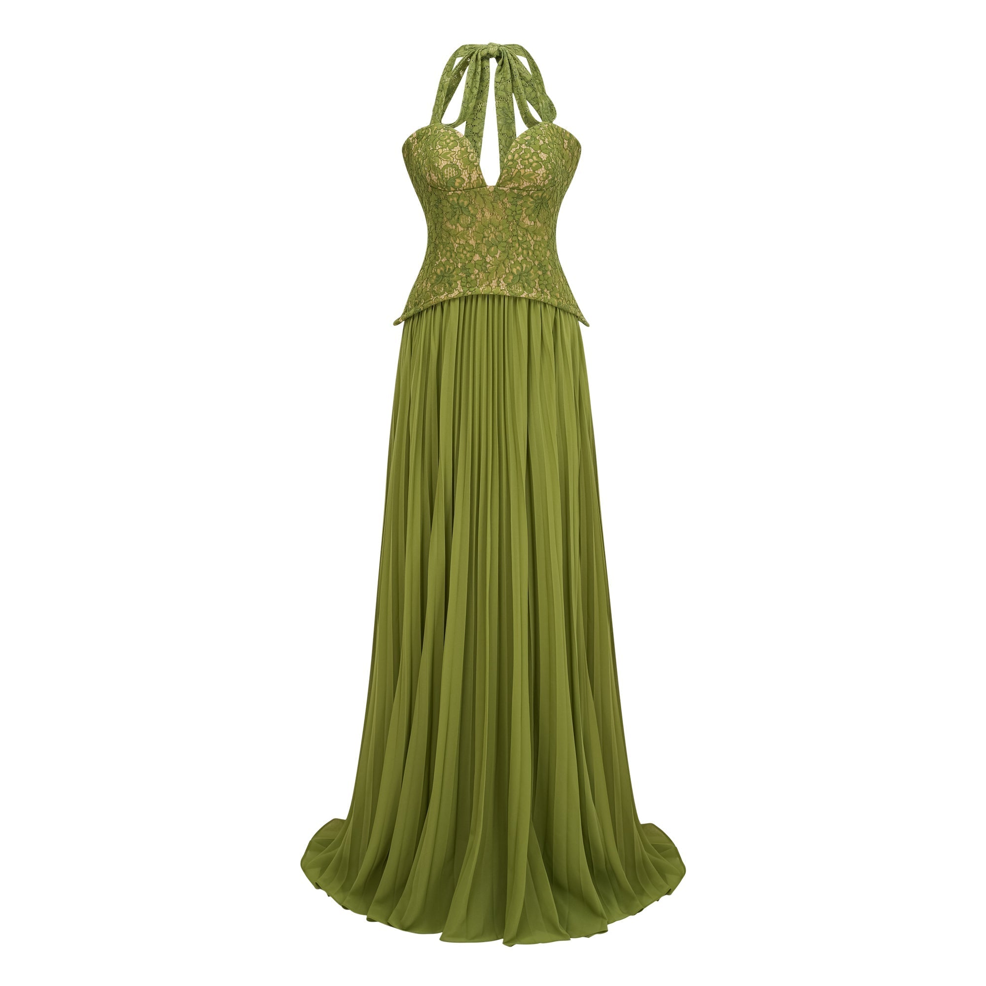 Penny Emerald Lace Fishbone Pleated Corset Gown