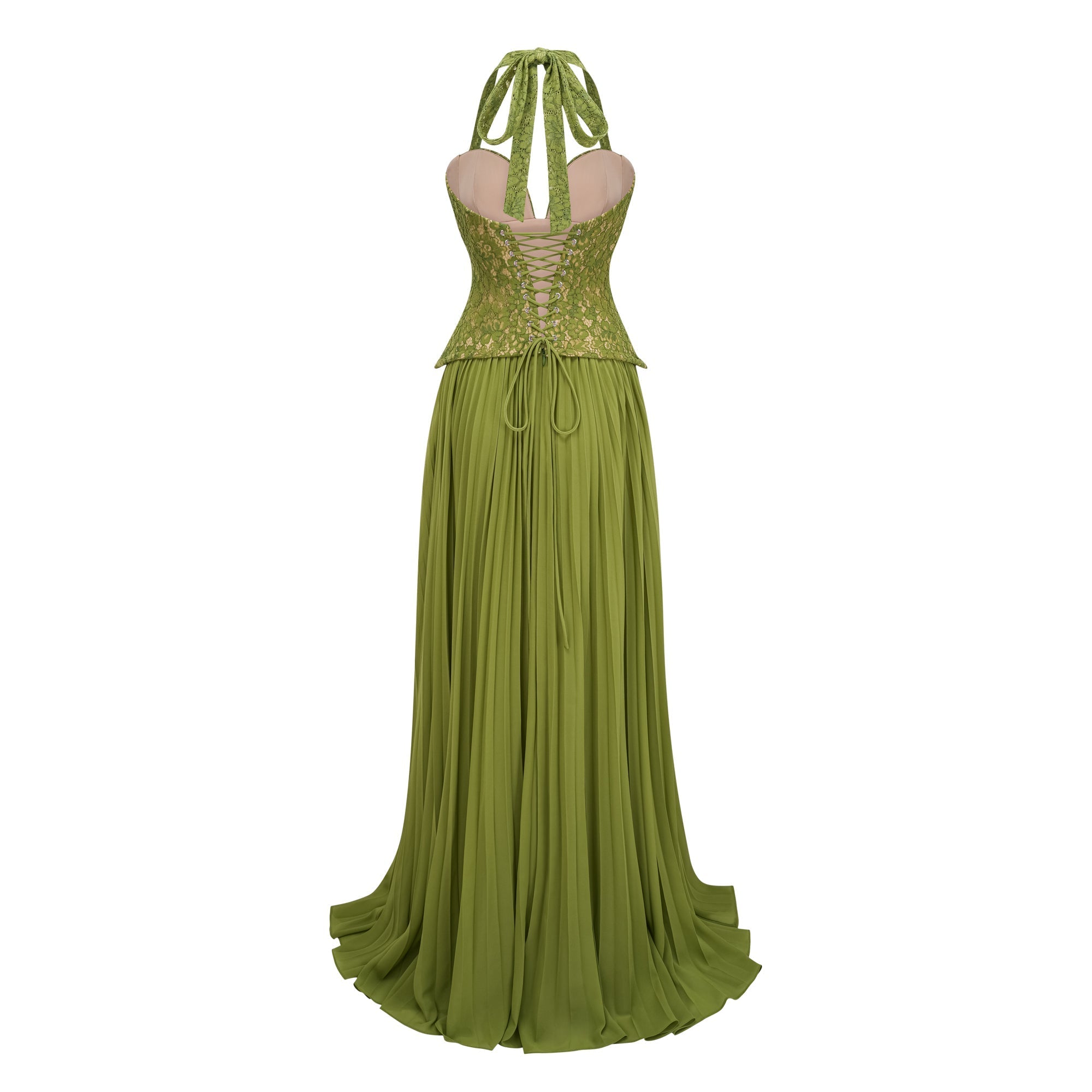 Penny Emerald Lace Fishbone Pleated Corset Gown