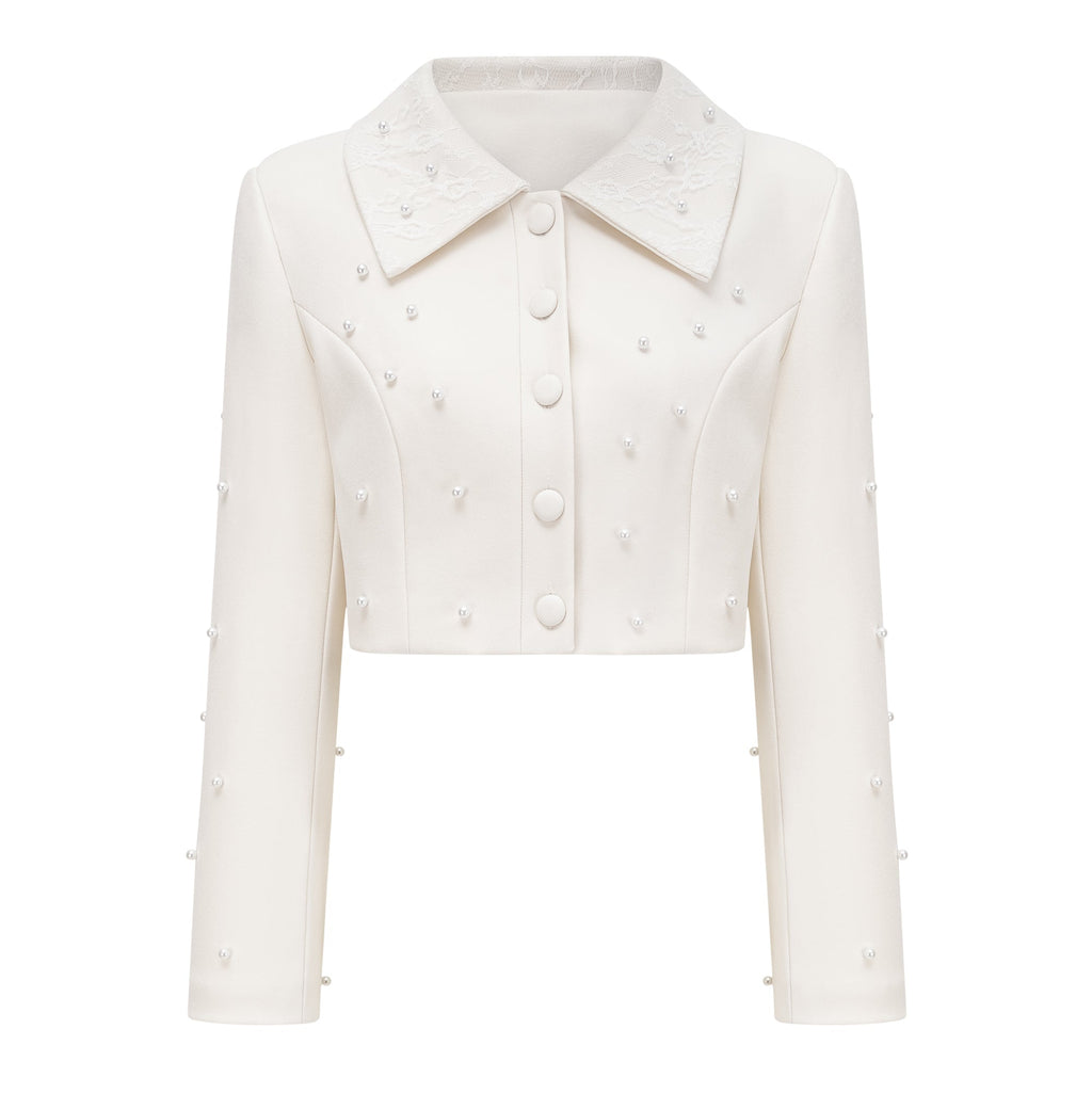 Flowering Girl Women Pearl Embellished Collar Crop Blazer &amp; High Waist Pleated Midi Skirt Two Piece Set