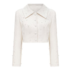 Flowering Girl Women Pearl Embellished Collar Crop Blazer &amp; High Waist Pleated Midi Skirt Two Piece Set