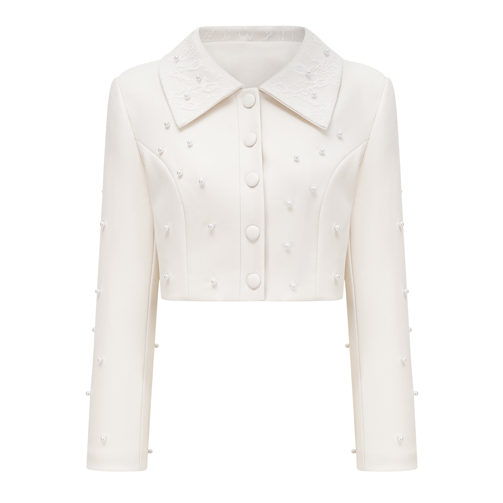 Flowering Girl Women Pearl Embellished Collar Crop Blazer &amp; High Waist Pleated Midi Skirt Two Piece Set