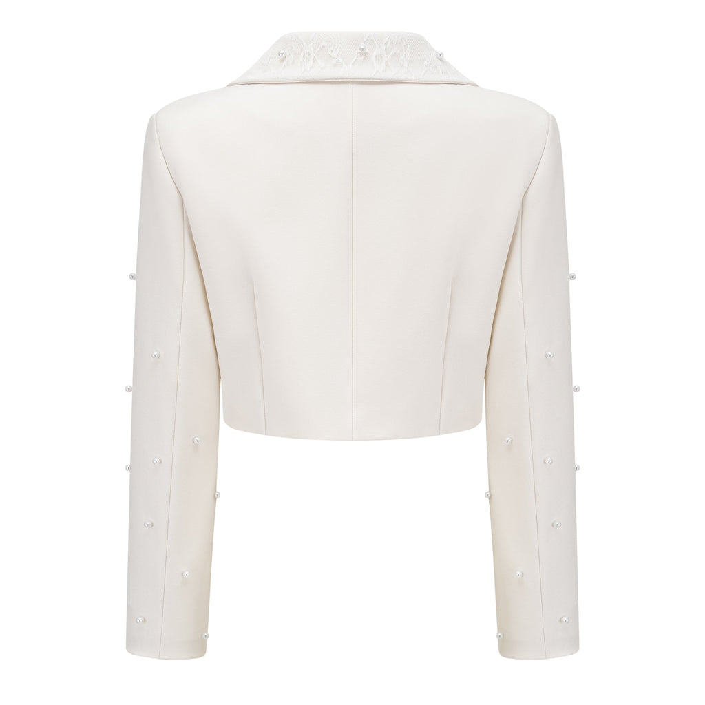 Flowering Girl Women Pearl Embellished Collar Crop Blazer &amp; High Waist Pleated Midi Skirt Two Piece Set
