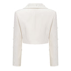 Flowering Girl Women Pearl Embellished Collar Crop Blazer &amp; High Waist Pleated Midi Skirt Two Piece Set