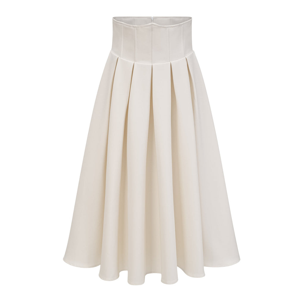 Flowering Girl Women Pearl Embellished Collar Crop Blazer &amp; High Waist Pleated Midi Skirt Two Piece Set
