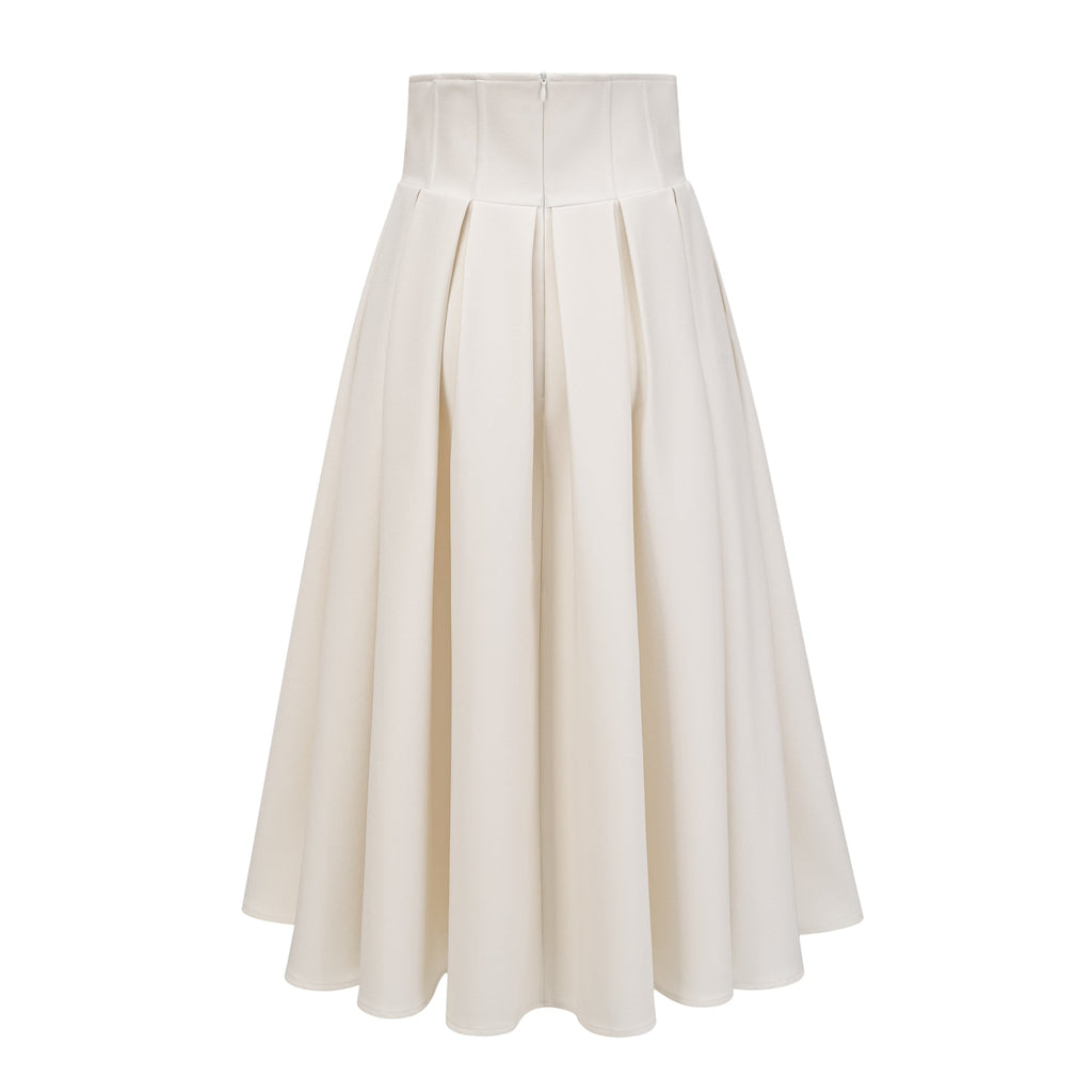 Flowering Girl Women Pearl Embellished Collar Crop Blazer &amp; High Waist Pleated Midi Skirt Two Piece Set