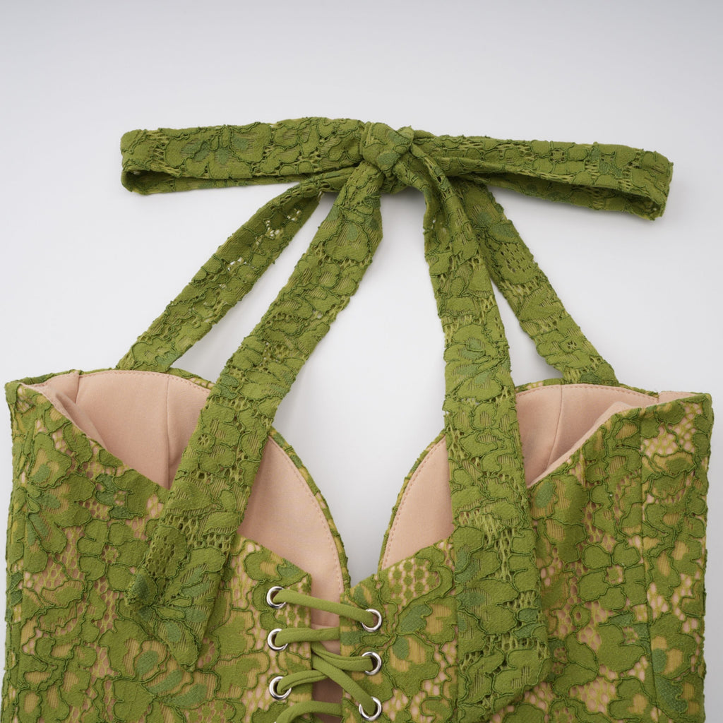 Penny Emerald Lace Fishbone Pleated Corset Gown