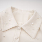 Flowering Girl Women Pearl Embellished Collar Crop Blazer &amp; High Waist Pleated Midi Skirt Two Piece Set
