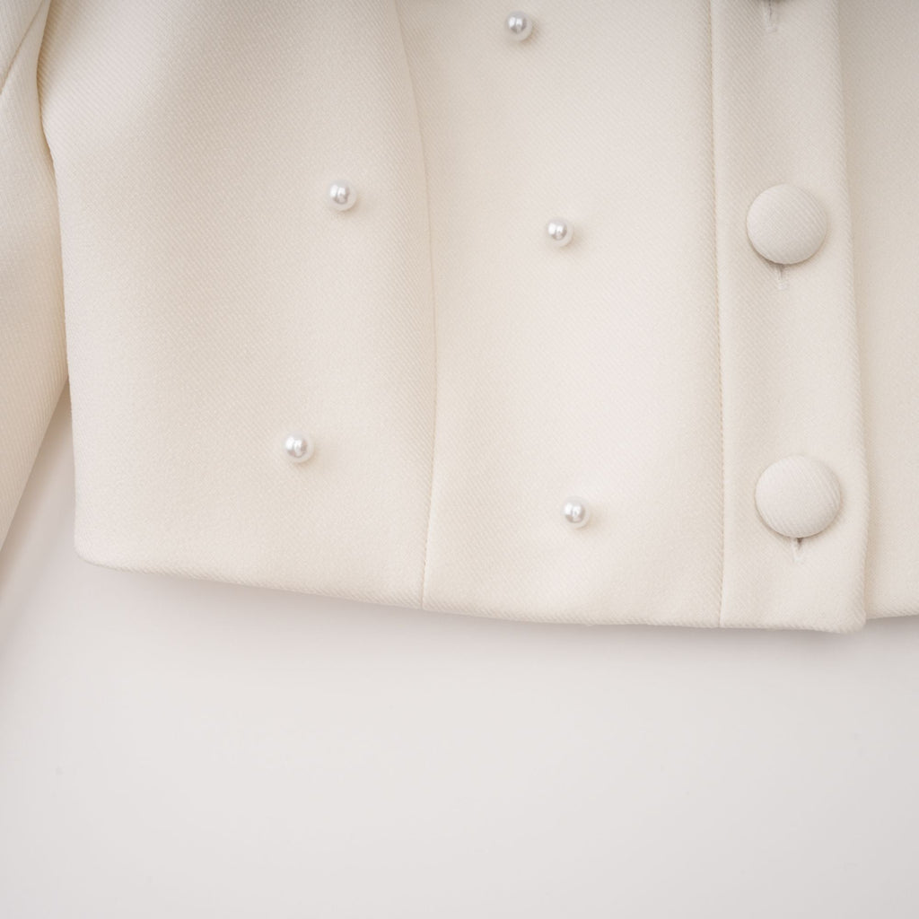 Flowering Girl Women Pearl Embellished Collar Crop Blazer &amp; High Waist Pleated Midi Skirt Two Piece Set