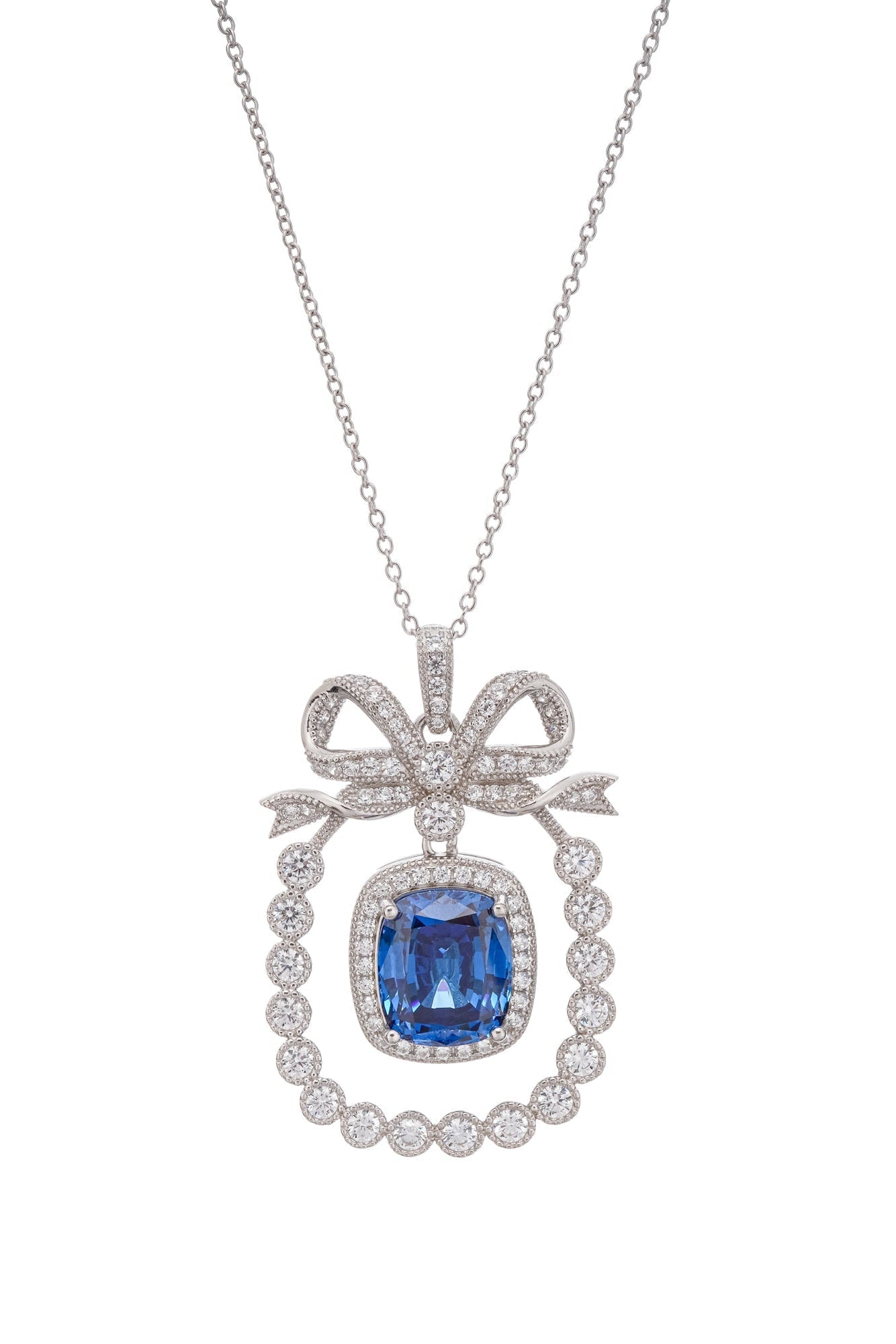 Flowering Girl Women Kaisu Blue Bow Gemstone Pendant Sterling Silver Necklace