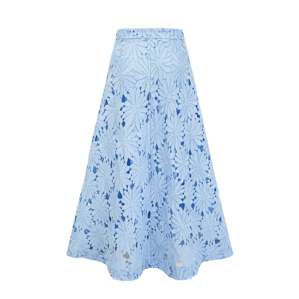 penny Openwork floral lace blouse maxi skirt set - blue