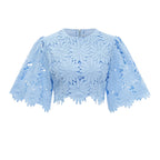 penny Openwork floral lace blouse maxi skirt set - blue
