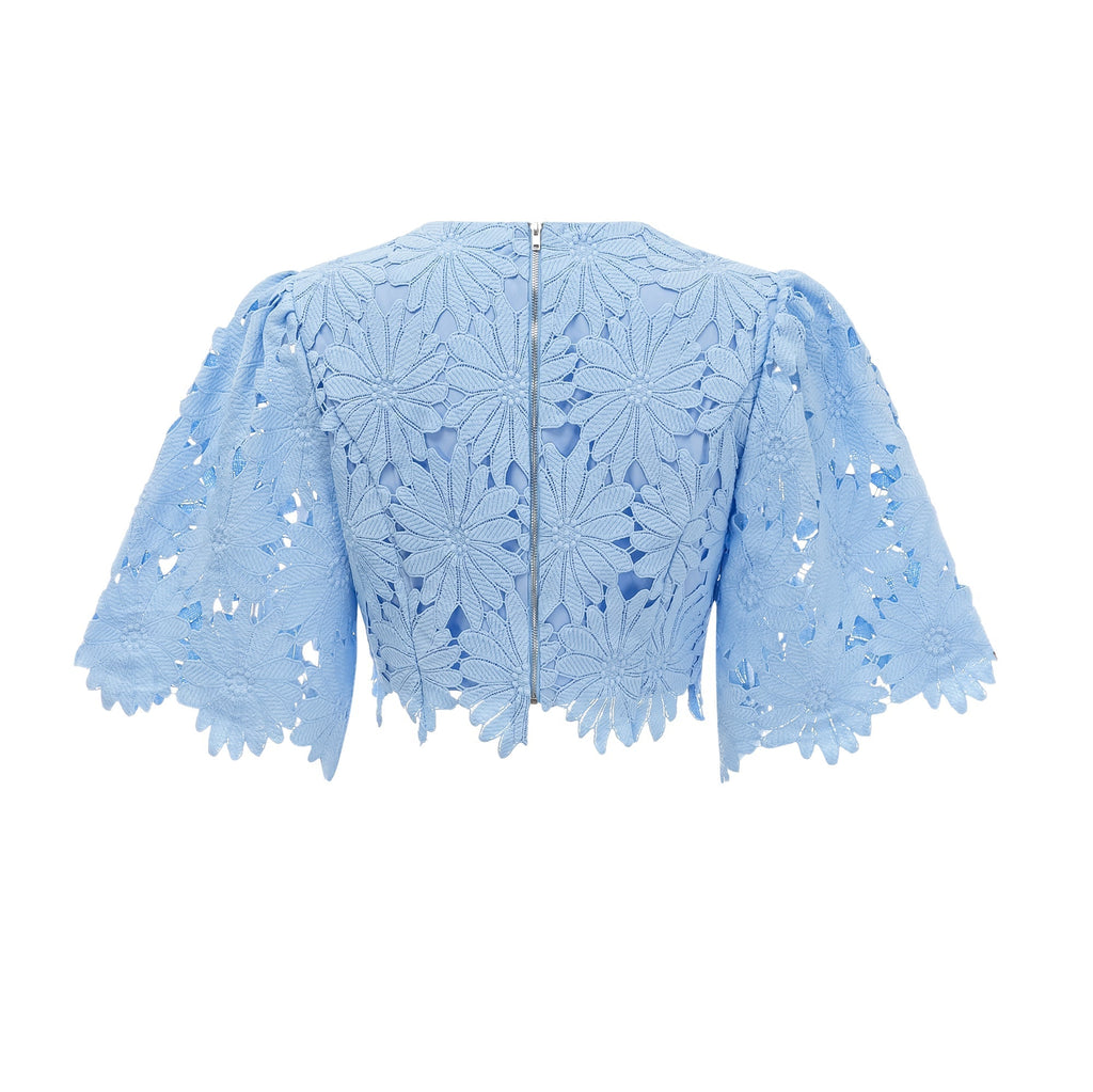 penny Openwork floral lace blouse maxi skirt set - blue