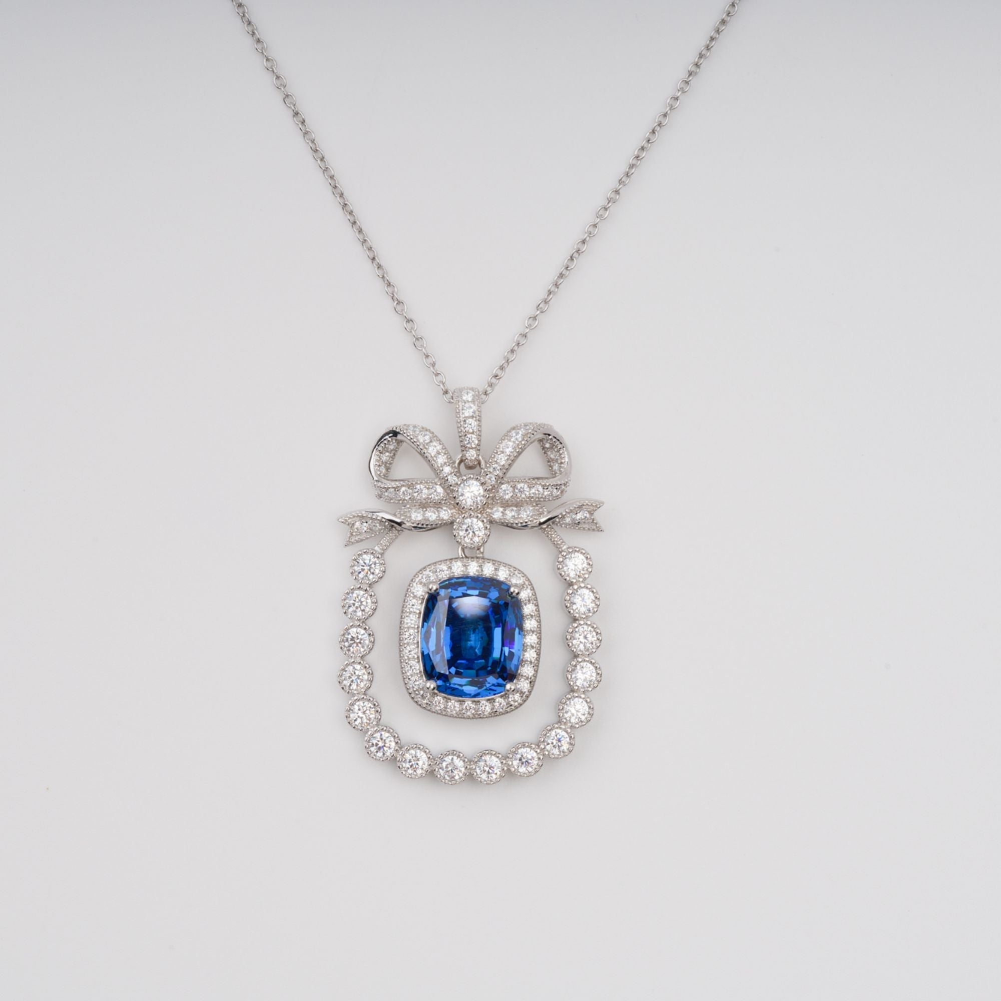 Flowering Girl Women Kaisu Blue Bow Gemstone Pendant Sterling Silver Necklace