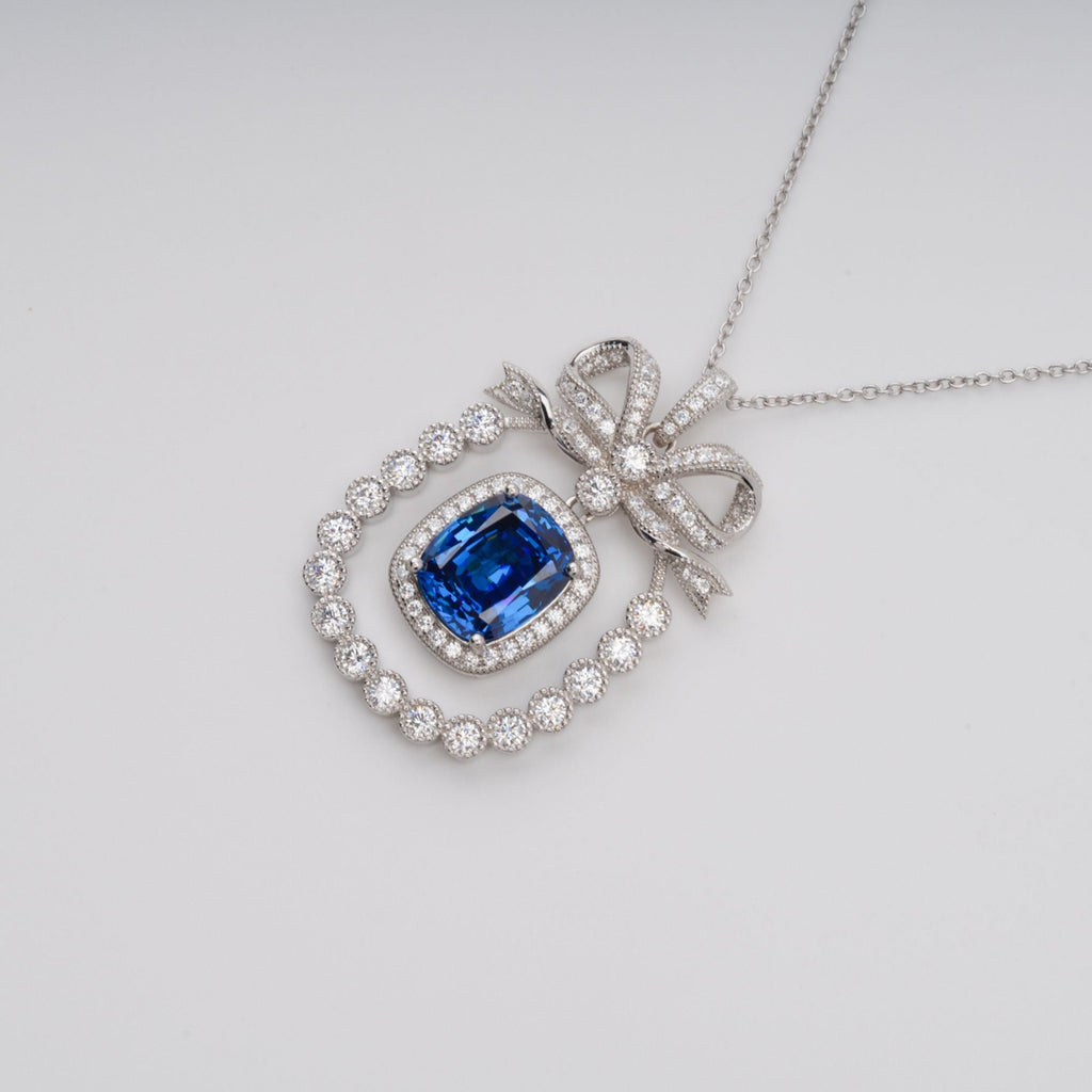 Flowering Girl Women Kaisu Blue Bow Gemstone Pendant Sterling Silver Necklace