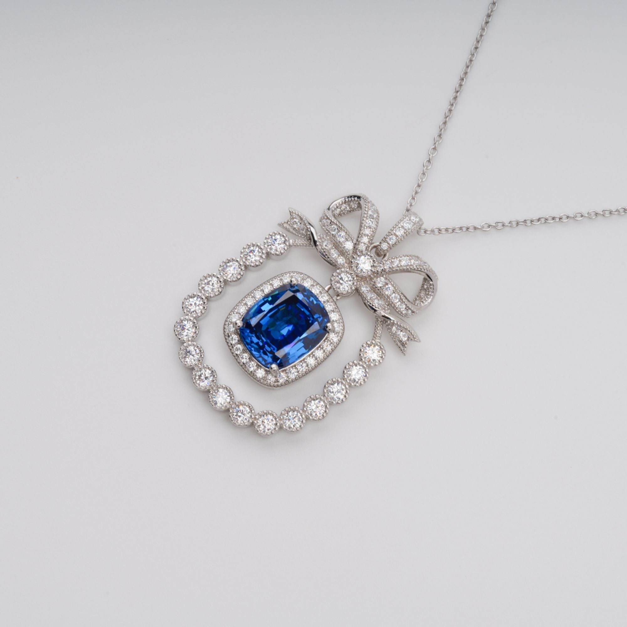 Flowering Girl Women Kaisu Blue Bow Gemstone Pendant Sterling Silver Necklace