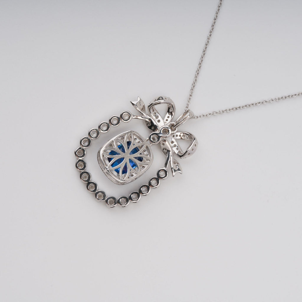 Flowering Girl Women Kaisu Blue Bow Gemstone Pendant Sterling Silver Necklace