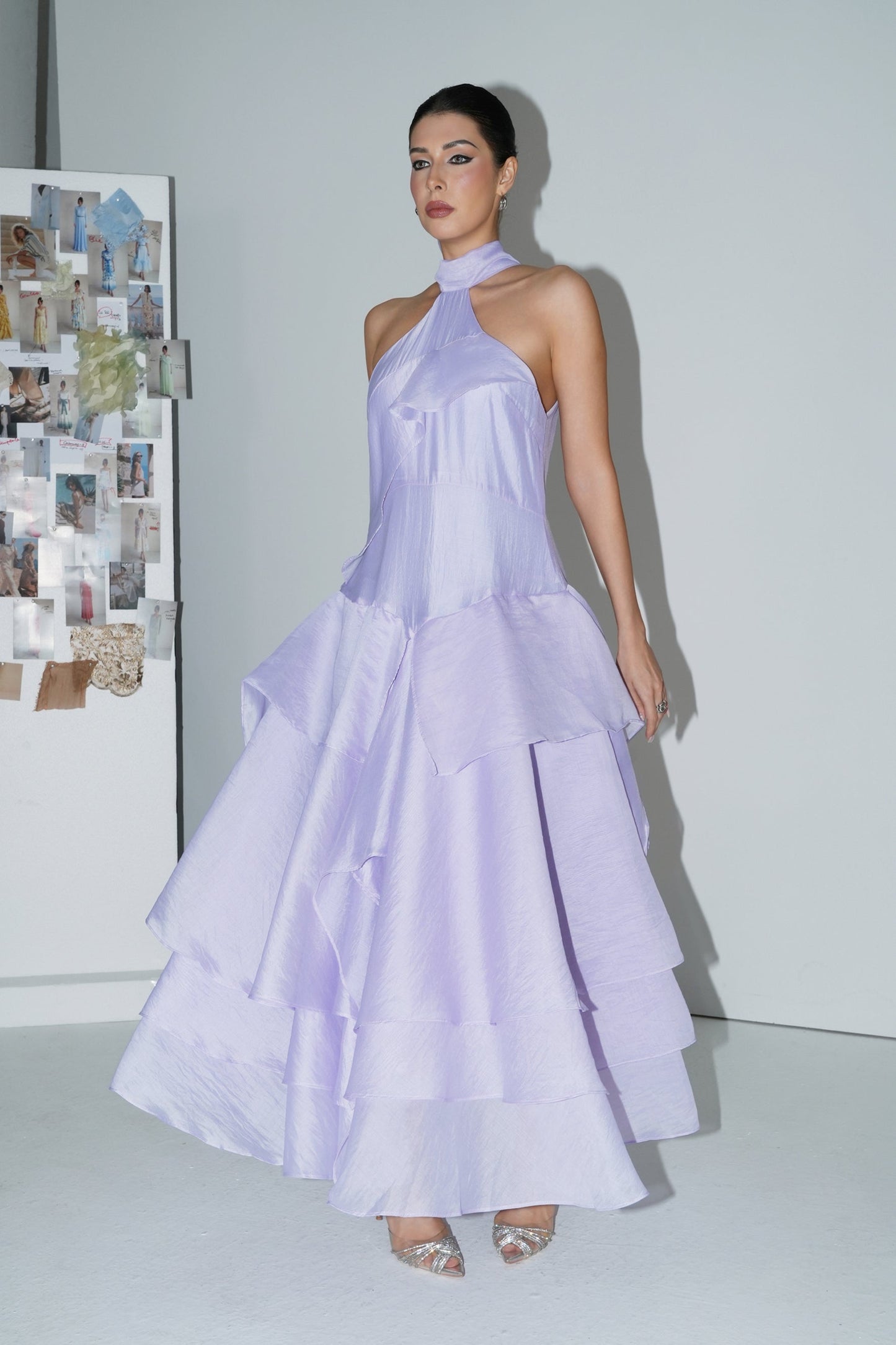 linda Purple Halter Neck Tiered Ruffle Maxi Dress