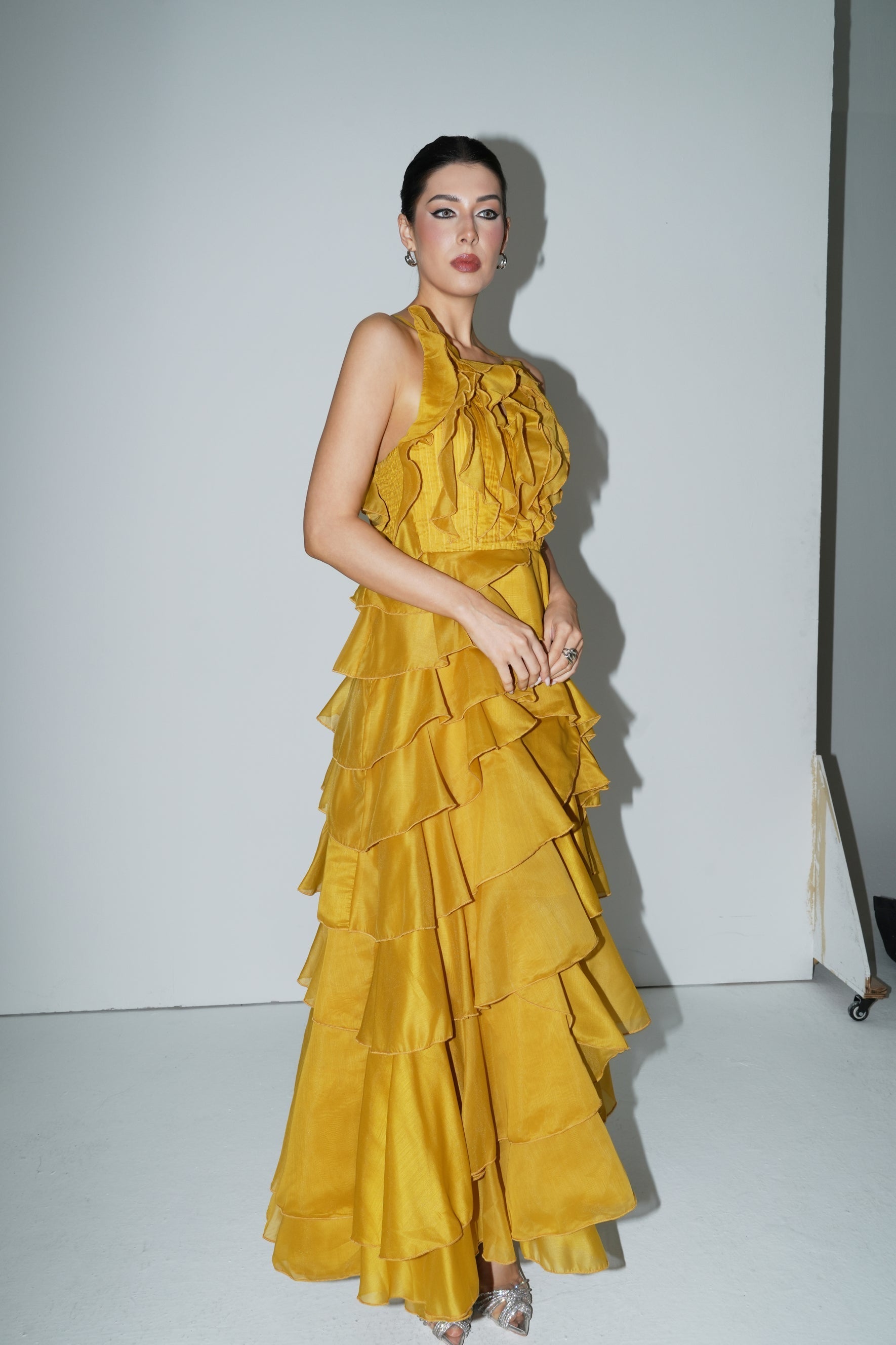 Flowering Girl Women leila Yellow Spaghetti Strap Tiered Ruffle Maxi Dress