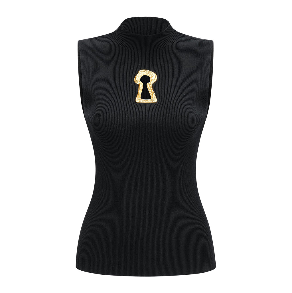 Flowering Girl Women Mock Neck Sleeveless Rib Knit Keyhole Cutout Top