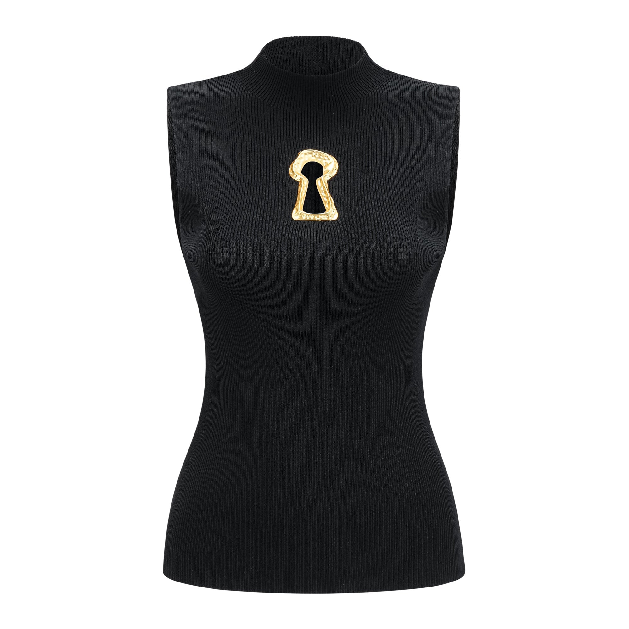 Flowering Girl Women Mock Neck Sleeveless Rib Knit Keyhole Cutout Top