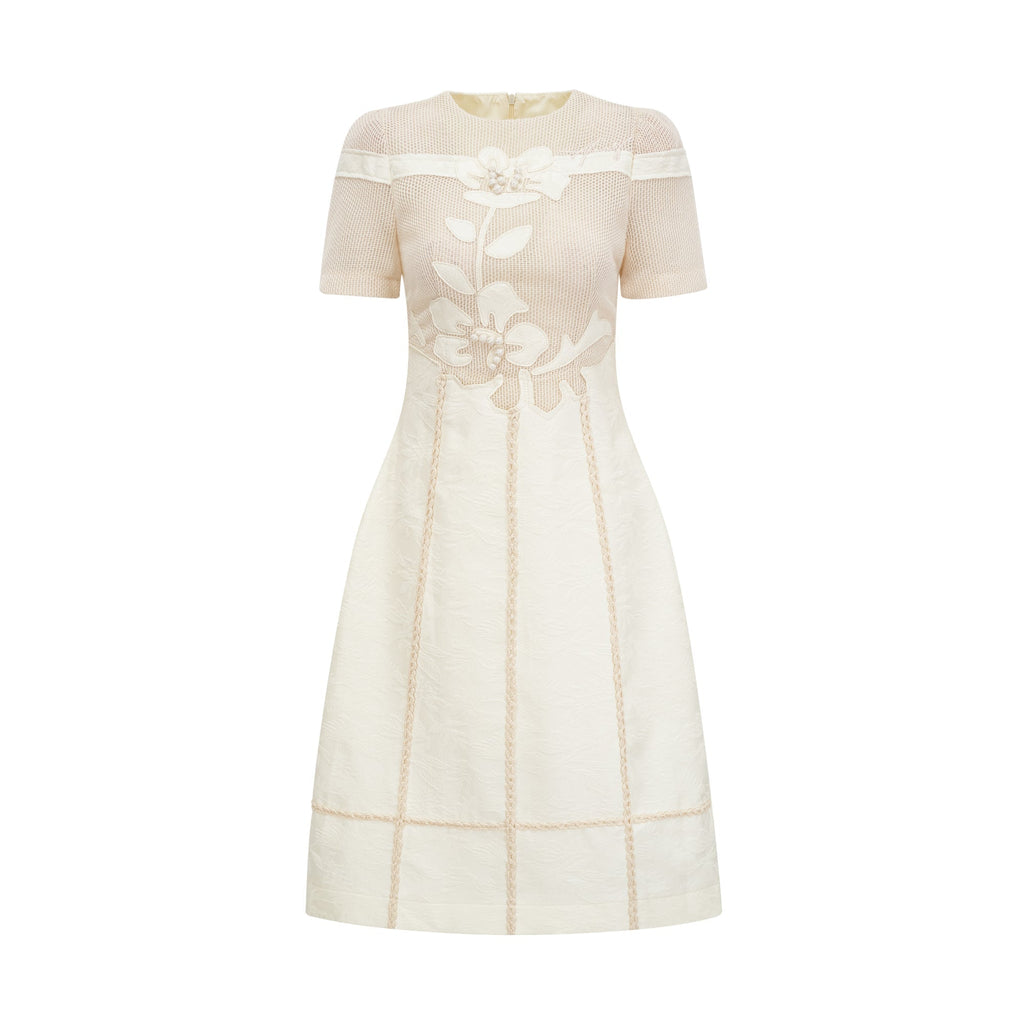 hermosa 3d floral embroidered hollow midi dress in apricot