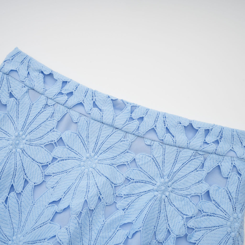 penny Openwork floral lace blouse maxi skirt set - blue