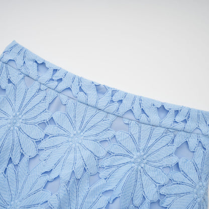 penny Openwork floral lace blouse maxi skirt set - blue