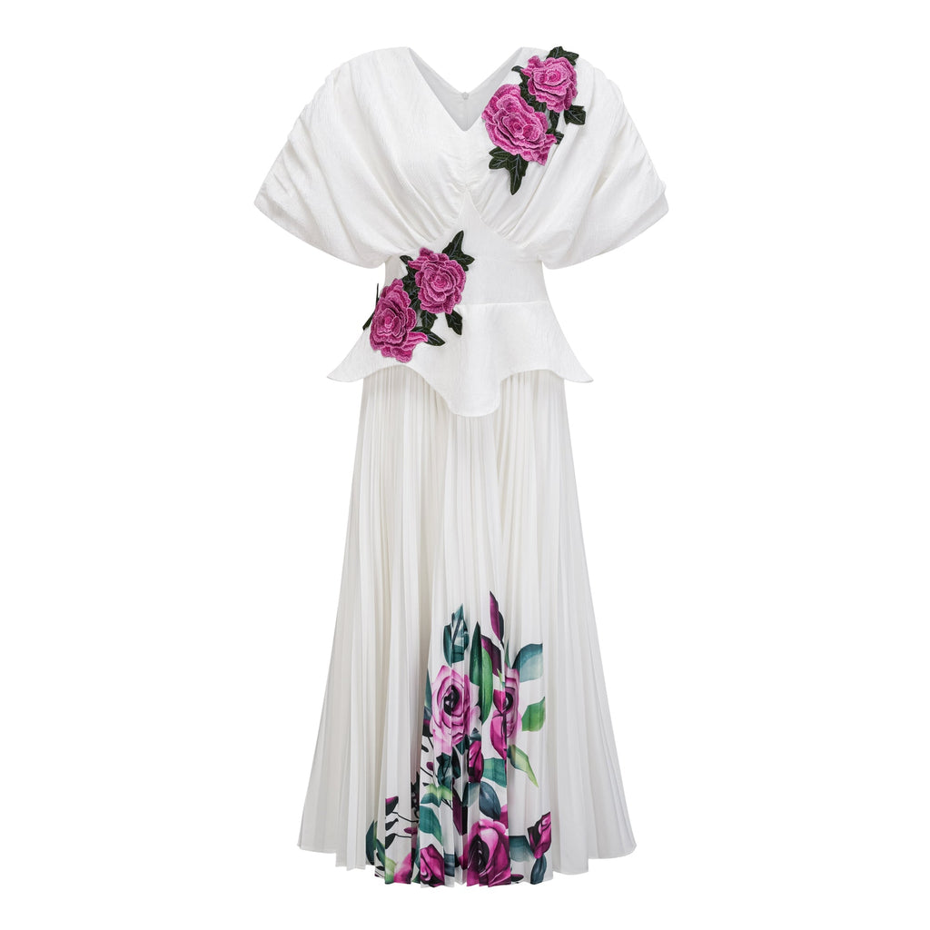 Flowering Girl Women 3D Rose Applique Puff Sleeve Floral Print Pleated Midi Dress