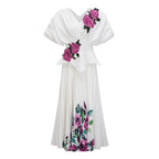 Flowering Girl Women 3D Rose Applique Puff Sleeve Floral Print Pleated Midi Dress