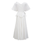 Flowering Girl Women 3D Rose Applique Puff Sleeve Floral Print Pleated Midi Dress