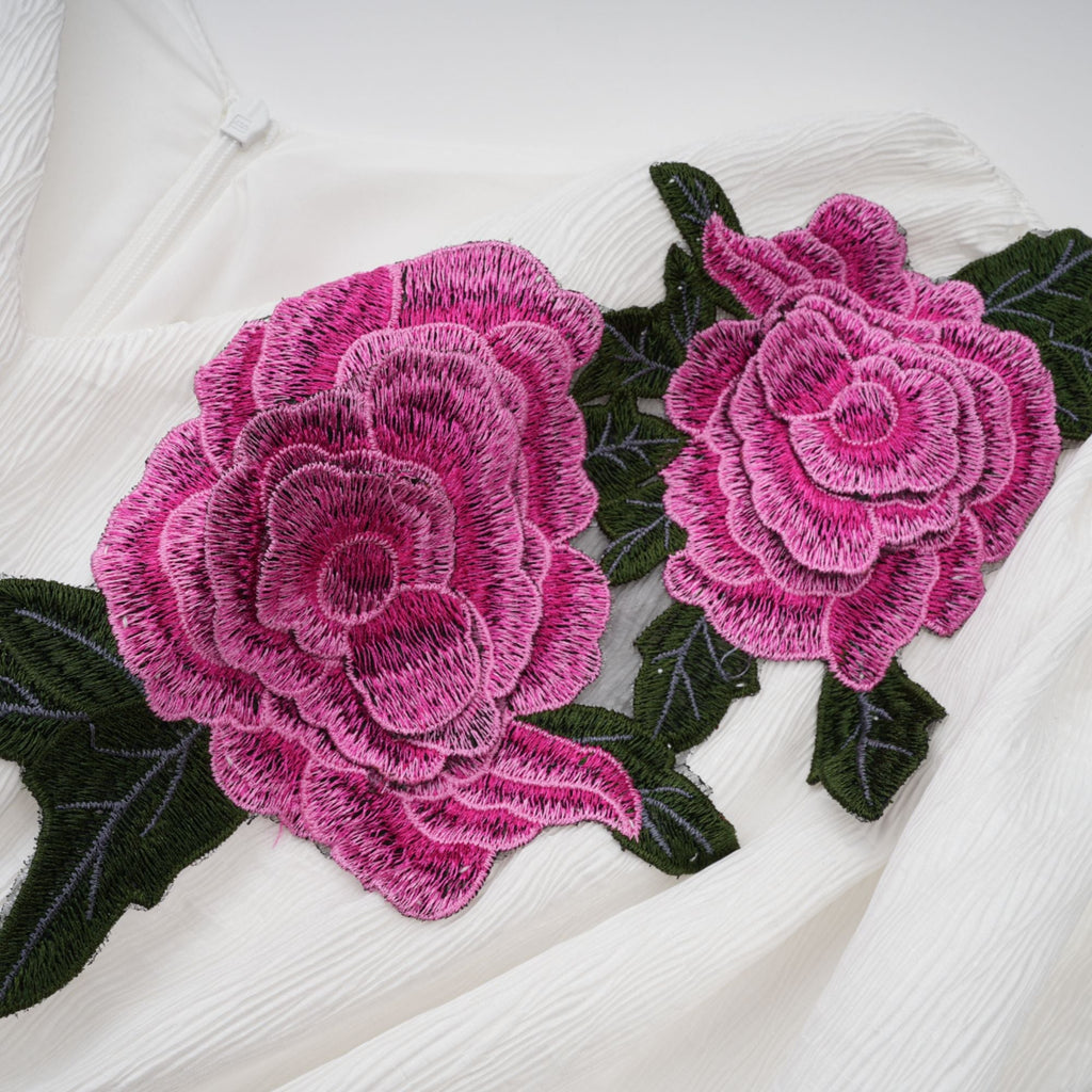 Flowering Girl Women 3D Rose Applique Puff Sleeve Floral Print Pleated Midi Dress