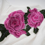 Flowering Girl Women 3D Rose Applique Puff Sleeve Floral Print Pleated Midi Dress