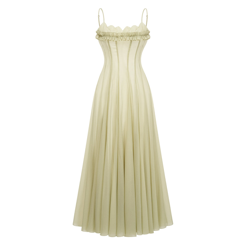 Matcha Ruffled Shirred Tulle Maxi Dress