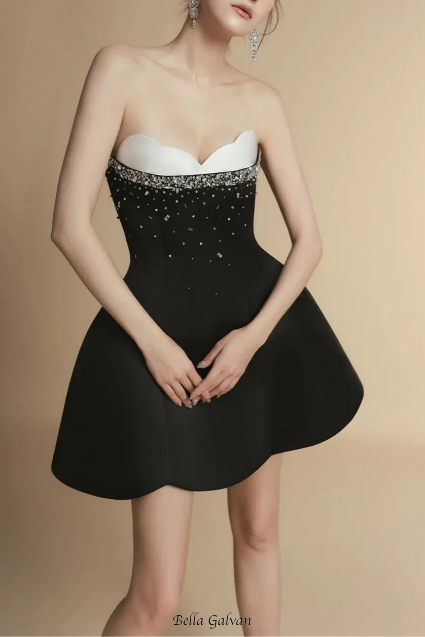 Fit and Flare Semi-Heart Neck Taffeta Mini Dress
