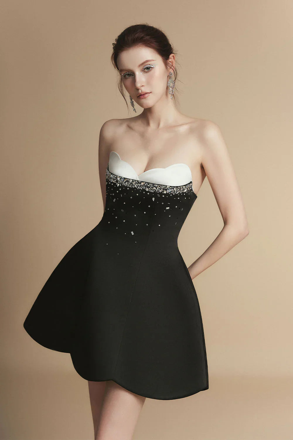 Fit And Flare Semi-Heart Neck Taffeta Mini Dress