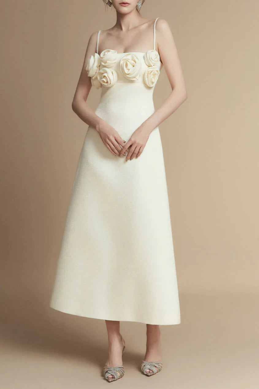 A-Line Flower Applique Linen Rayon Midi Dress