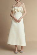 A-Line Flower Applique Linen Rayon Midi Dress