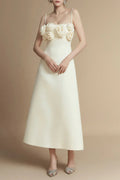 A-line Flower Applique Linen Rayon Midi Dress