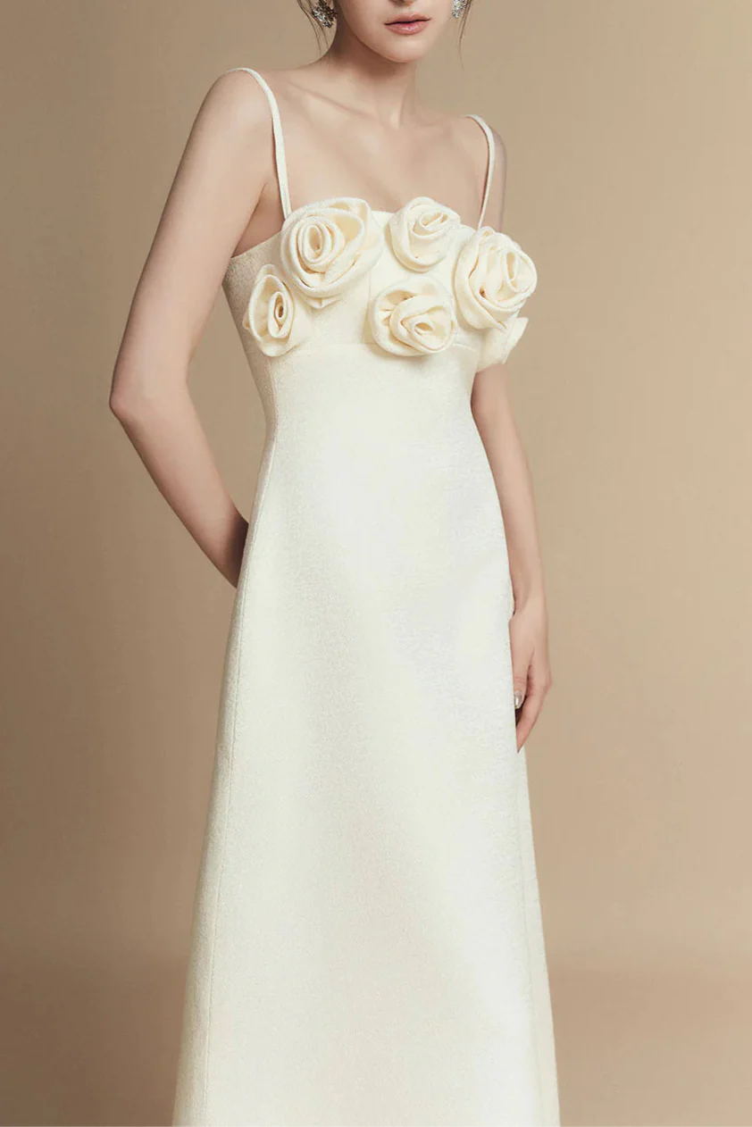 A-Line Flower Applique Linen Rayon Midi Dress