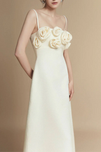 A-Line Flower Applique Linen Rayon Midi Dress