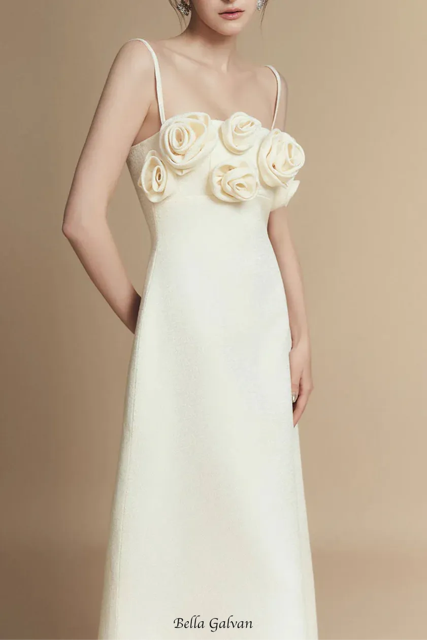 A-line Flower Applique Linen Rayon Midi Dress