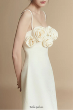 A-line Flower Applique Linen Rayon Midi Dress