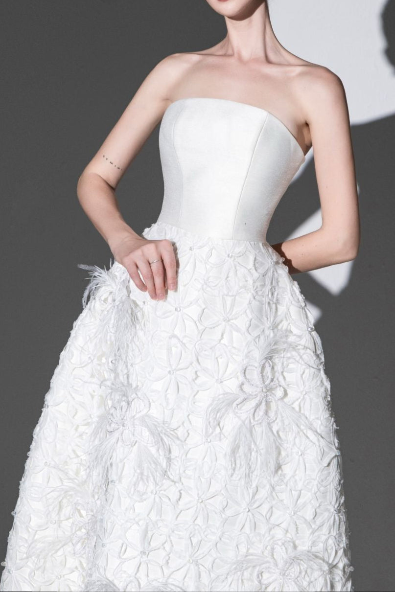 Flowering Girl Women White Floral Embellished Strapless Midi Dress
