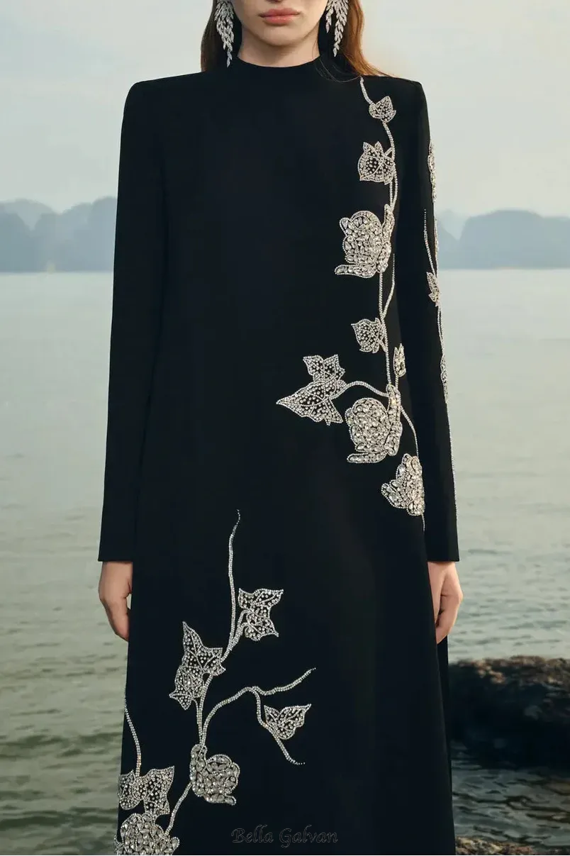 gloria High Neck Asymmetric Crystal Embellished maxi Dress in black
