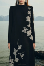 gloria High Neck Asymmetric Crystal Embellished maxi Dress in black