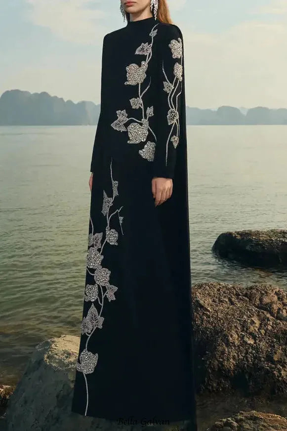 gloria High Neck Asymmetric Crystal Embellished maxi Dress in black