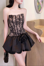Flowering Girl Women Flower Bud Puffy Strapless Mini Dress In Black