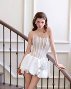 Flowering Girl Women Flower Bud Puffy Strapless Mini Dress In White